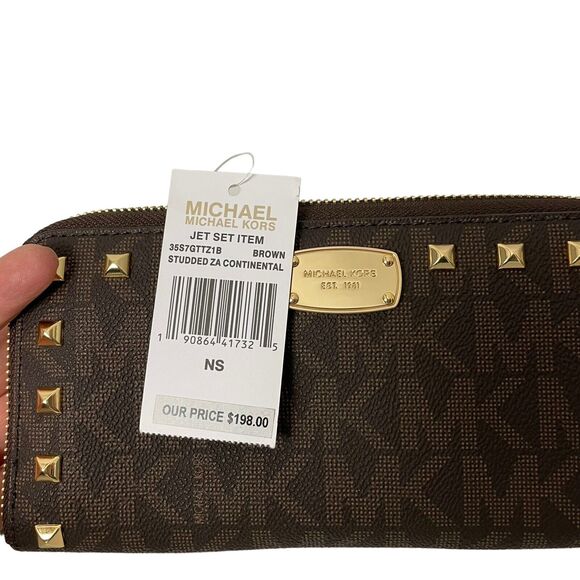 Michael Kors Wallet Jet Set Studded ZA Continental Brown MK Signature - Picture 4 of 4